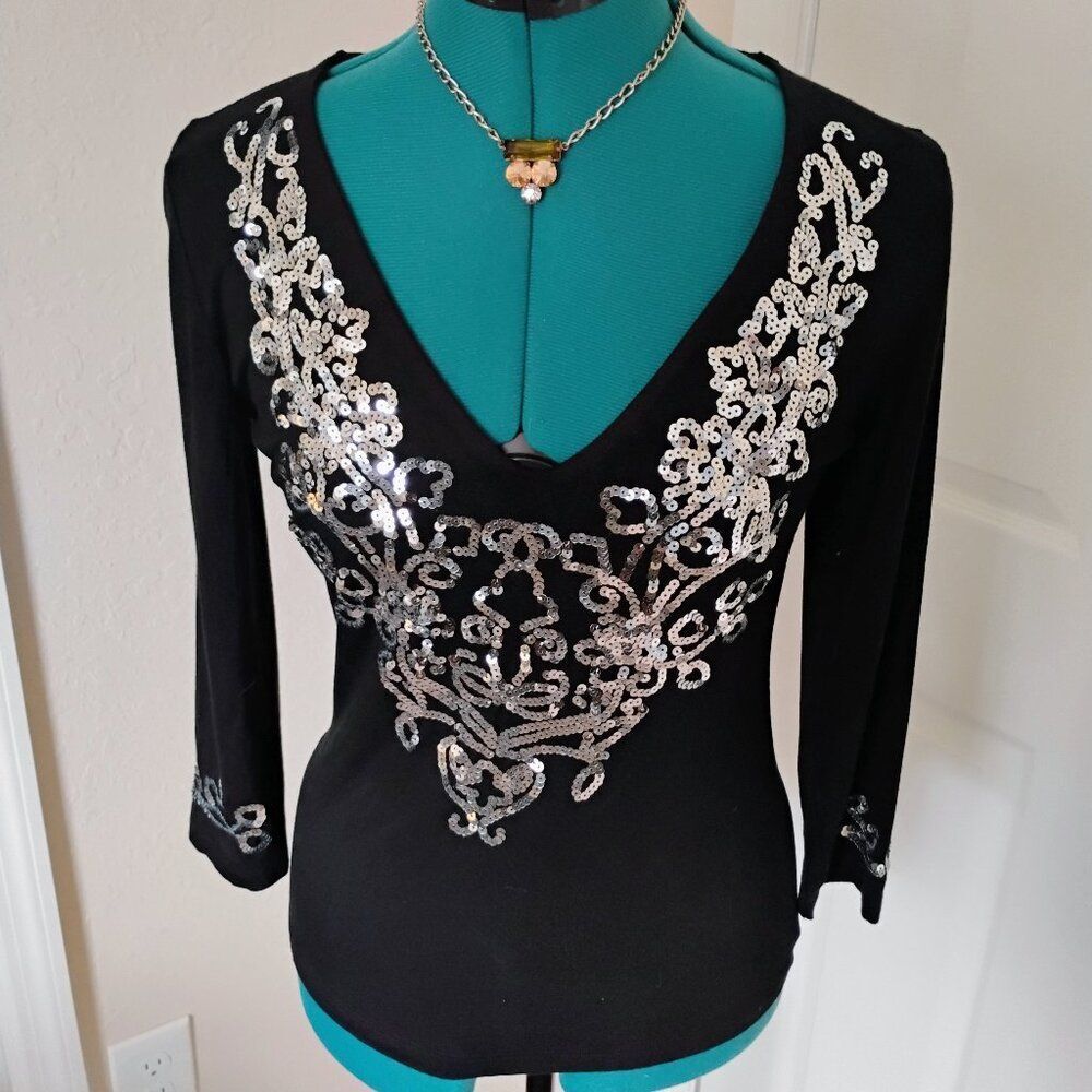 Ninety Black Sequin Embellished V-Neck Top, Large